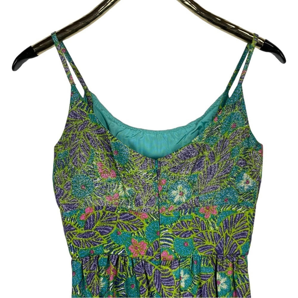 VINTAGE 60S METALLIC FLORAL TROPICAL VACATION SLEEVELESS COLUMN SHEATH DRESS - Picture 7 of 11